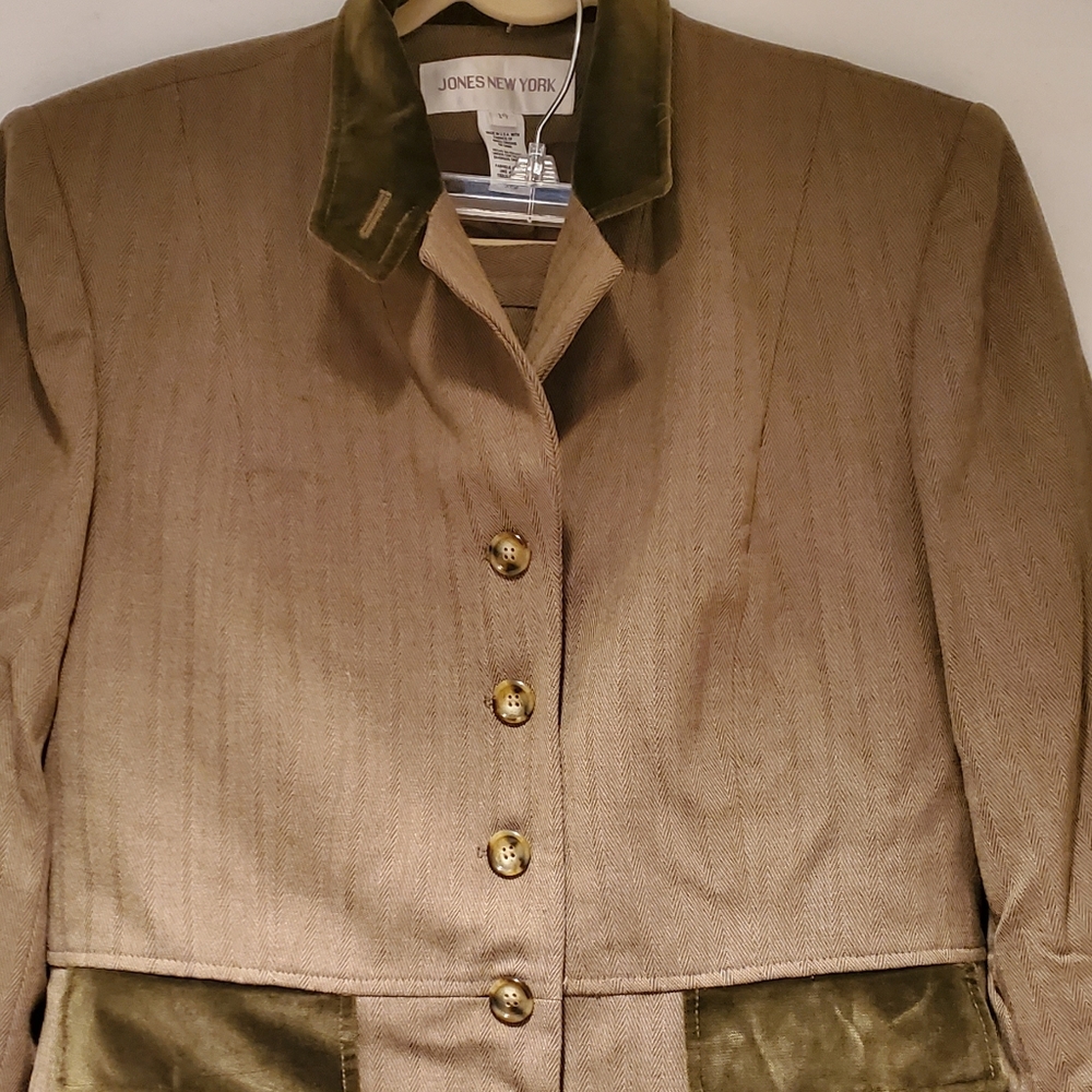 Women Wool Olive Herringbone Suit Jones NY Velvet Detail Slacks/Jacket